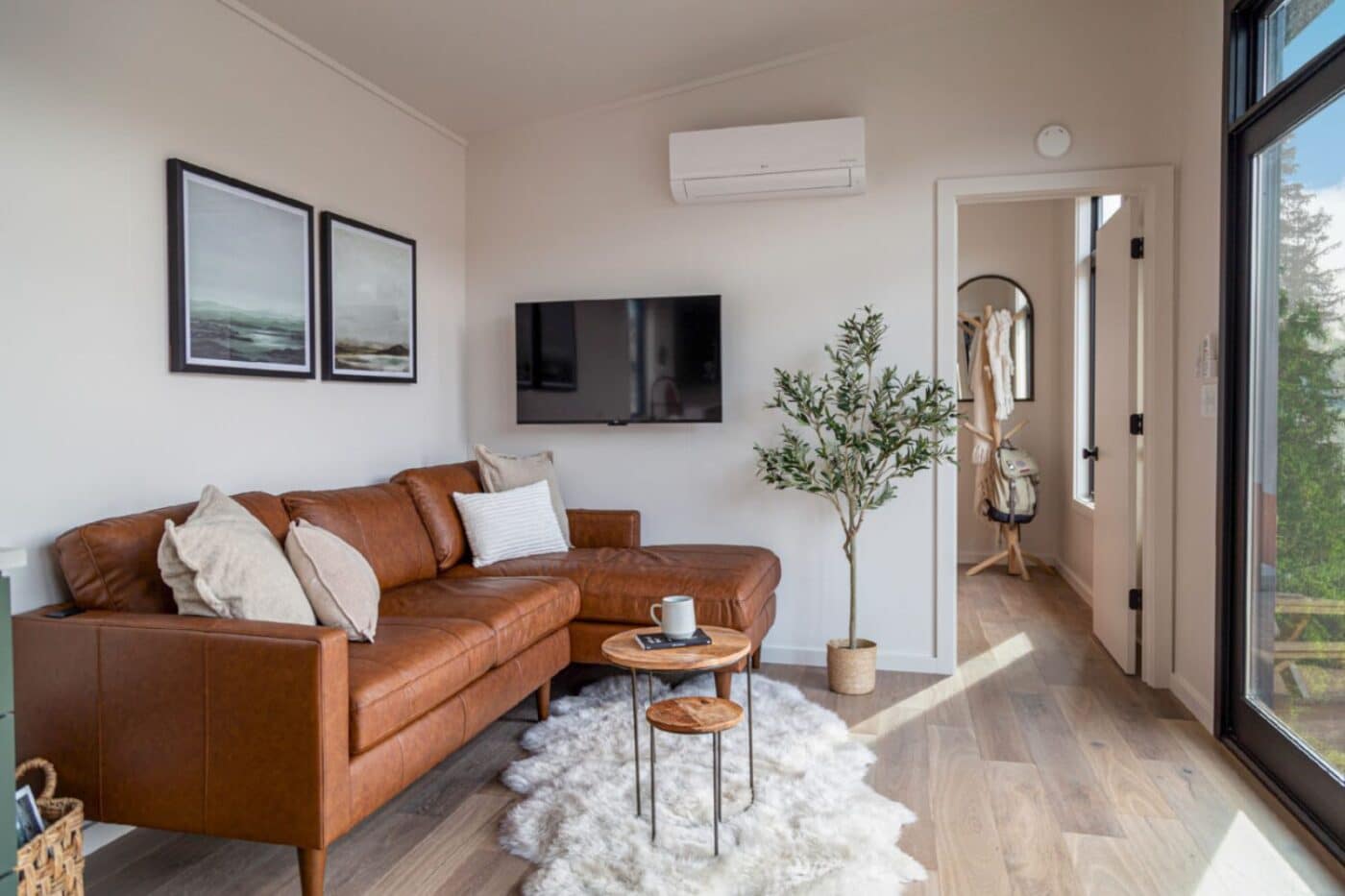 Living room in Tennessee tiny house with couch, TV, and windows