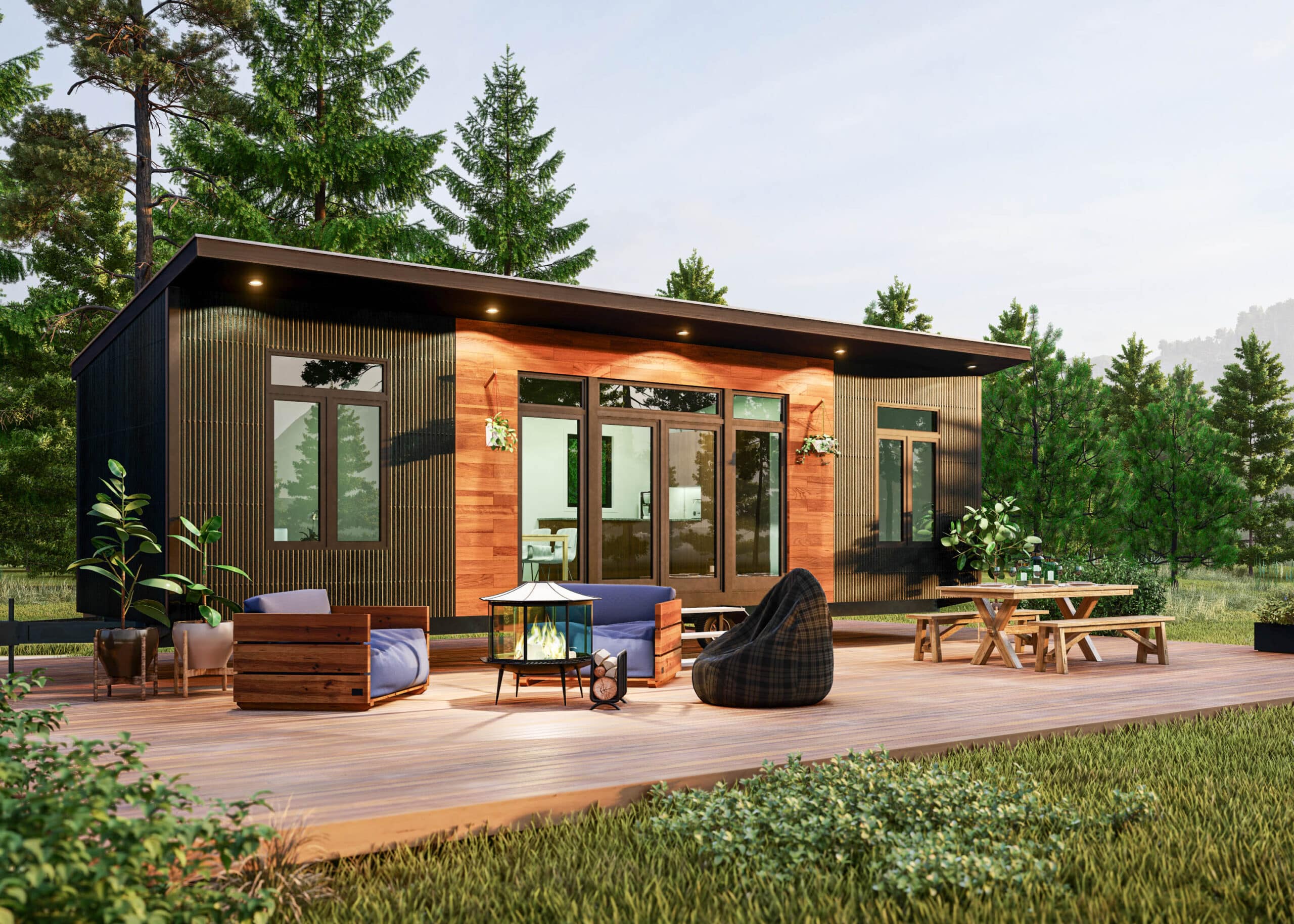 the alpine, a tiny home with seats and a fire pit outside in south carolina