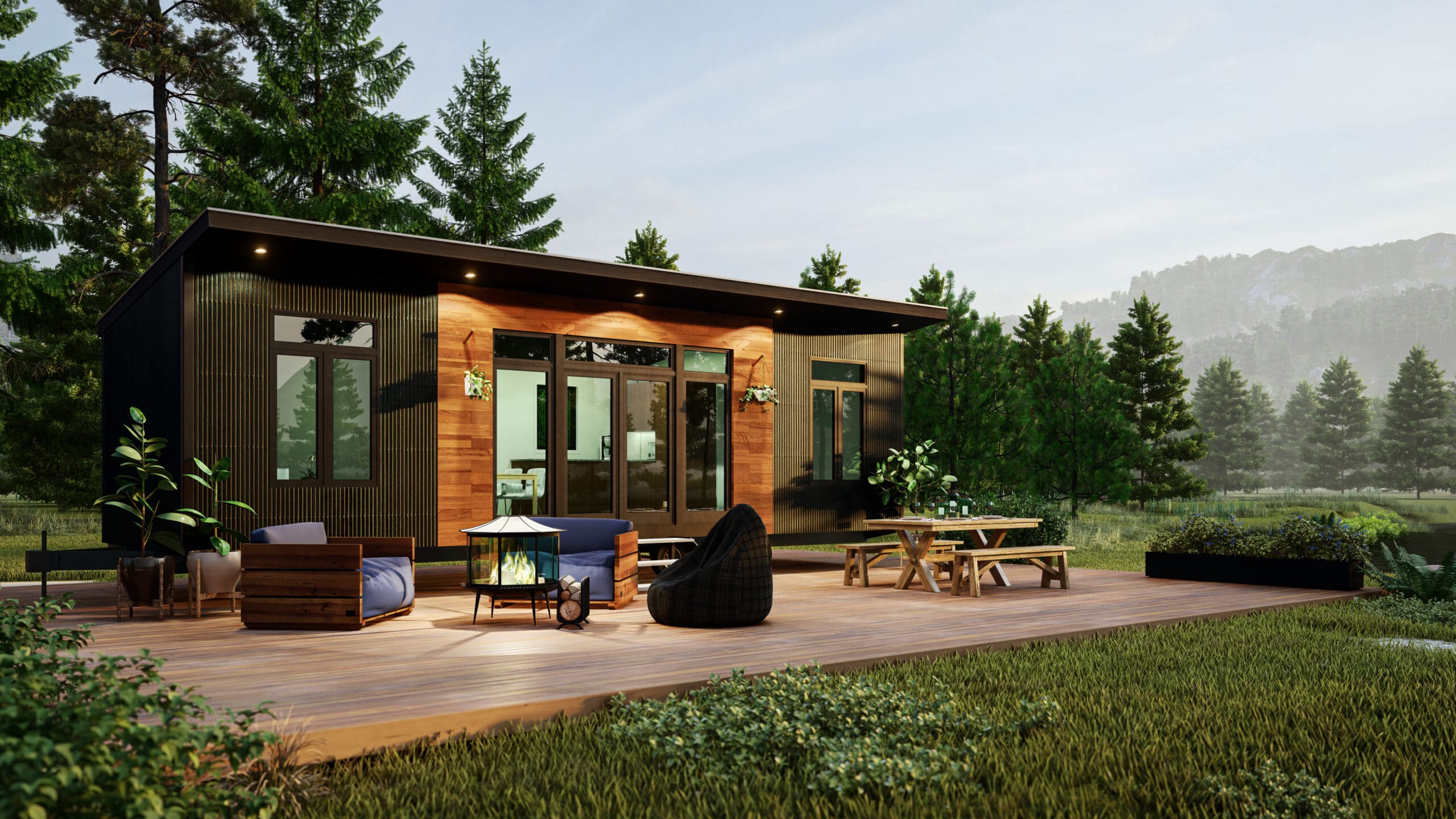 The alpine park model home with a deck, fireplace, and seats outside