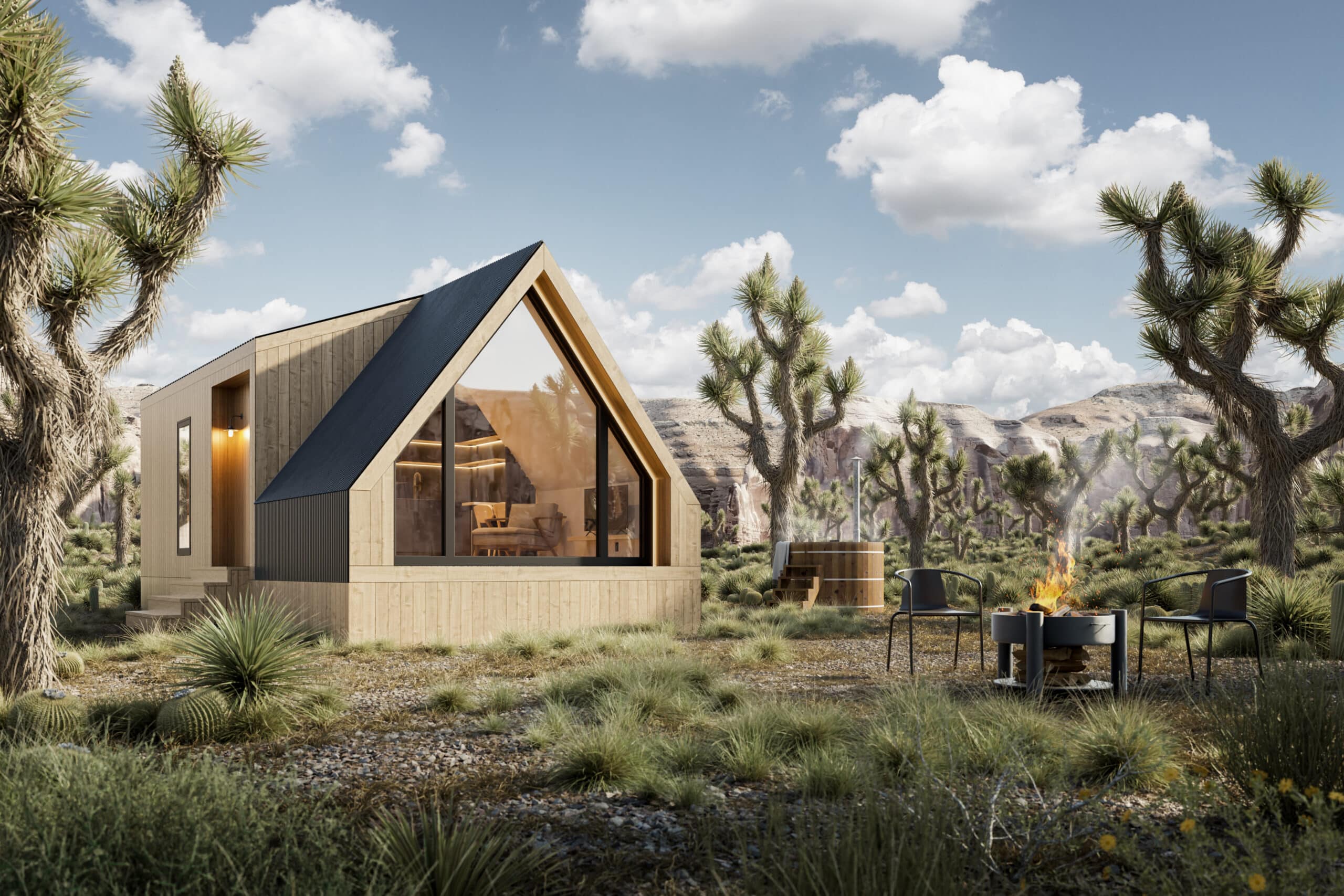 aframe tiny park model home exterior in a desert area built in accordance to the tiny home regulations in texas