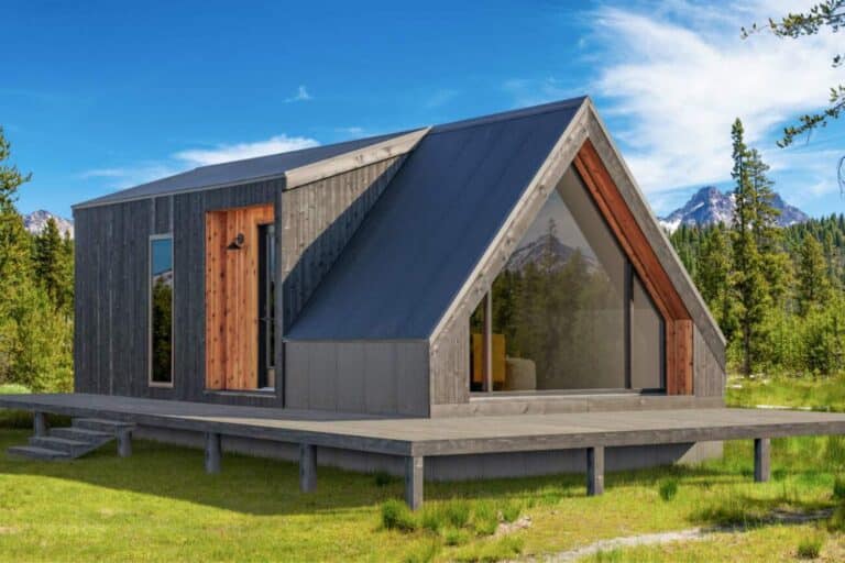 Gray A-Frame TIny Home in grassy areas againt mountains with big window