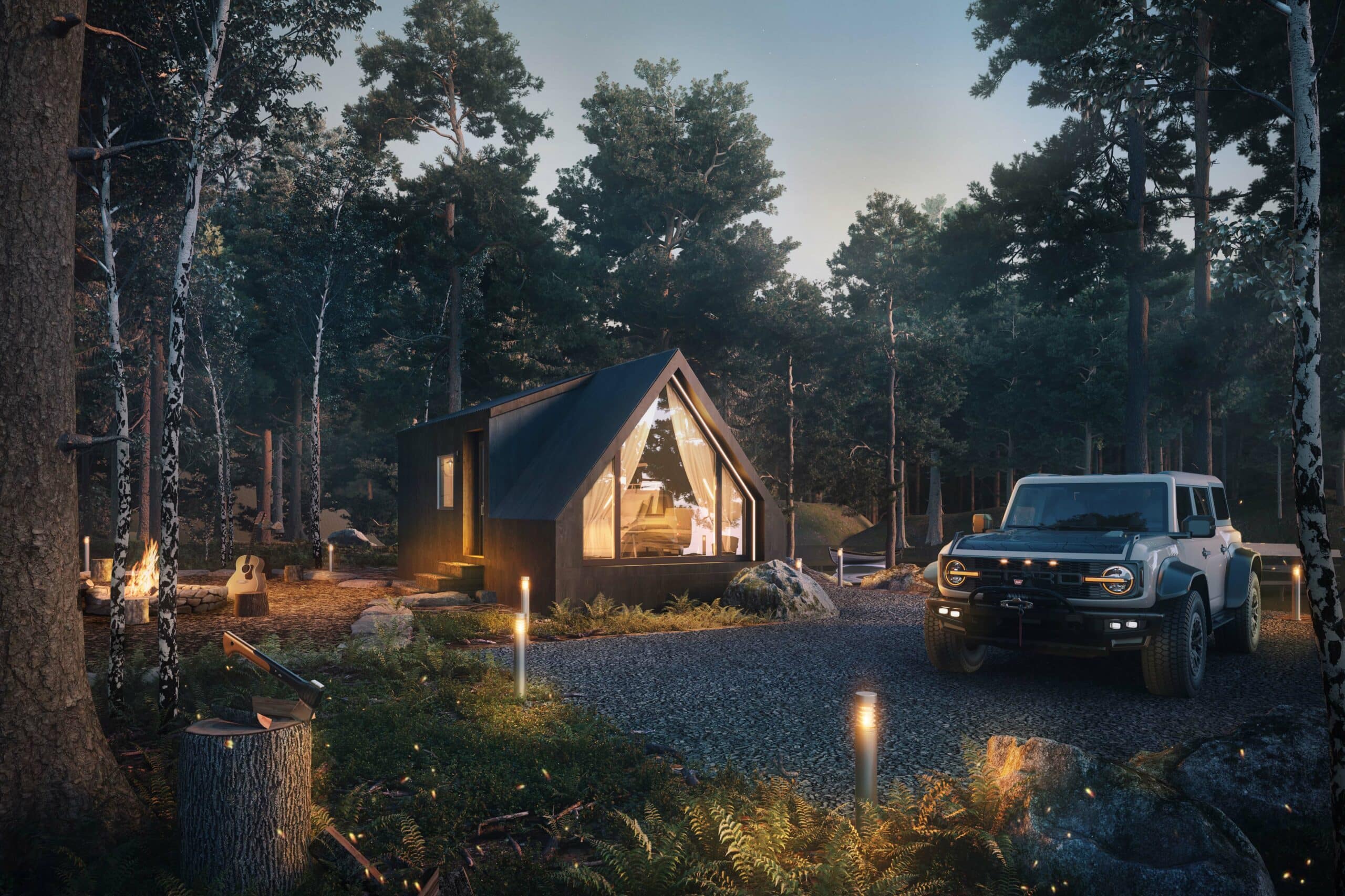 The A Frame Studio Park Model during sunset in a forest with car parked outside in WI