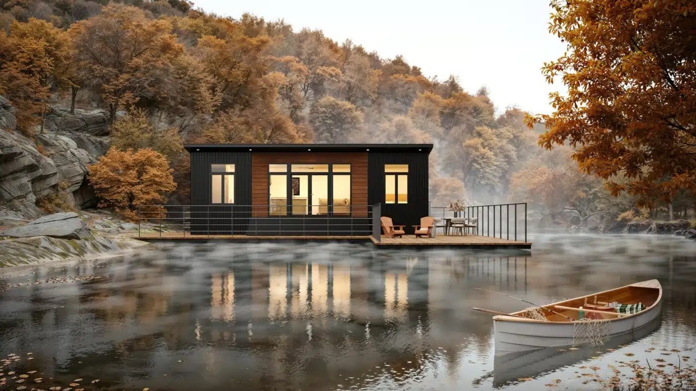 the alpine park model home by a river with a boat in it in WI