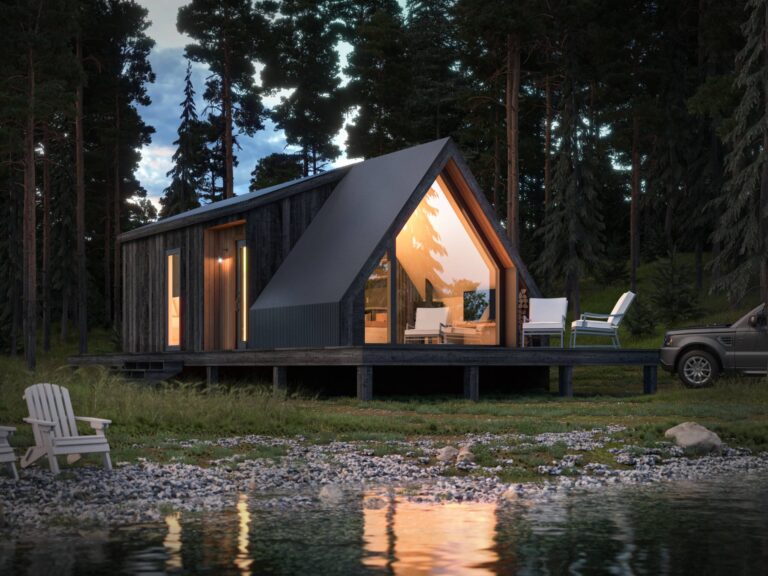 Scenic view of a modern A-frame cabin with large glass windows, set by a tranquil lakeside, surrounded by pine trees, featuring a deck with outdoor seating and a parked SUV nearby.