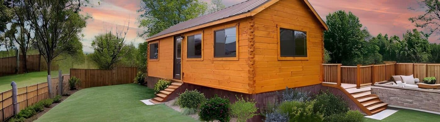 Log Cabin on lot with landscaping and flowers