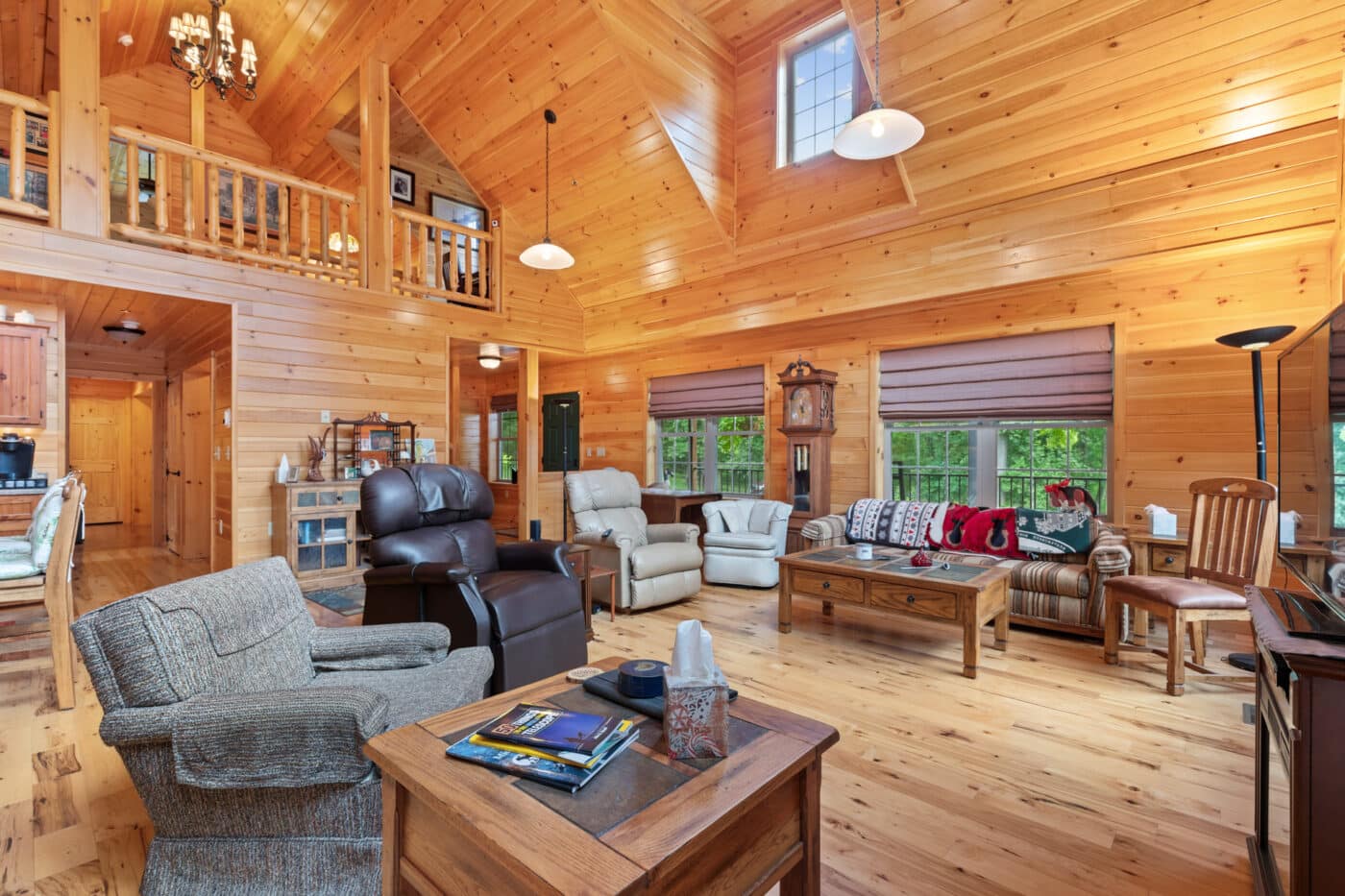 the finished interior of a log prefab cabin style for sale in idaho