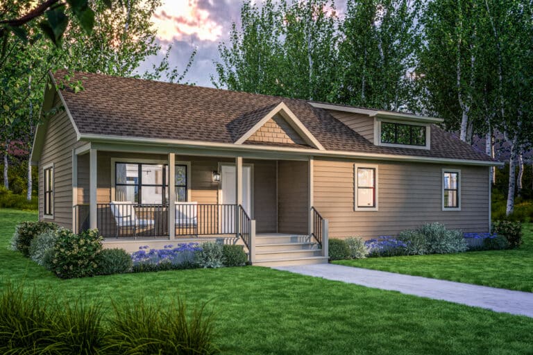 A modern cabin home with a cozy front porch, nestled in a lush green setting with vibrant flowers and tall trees in the background.