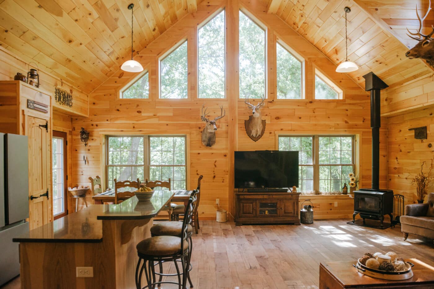 interior of a log cabin style for sale in maine