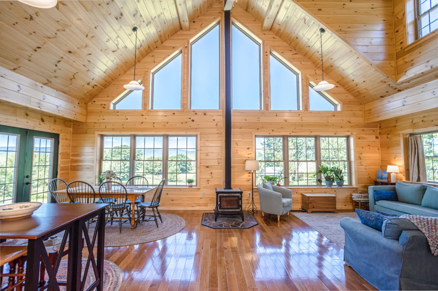 the interior of a prefab log cabin model for sale in North Carolina built by log cabin builders