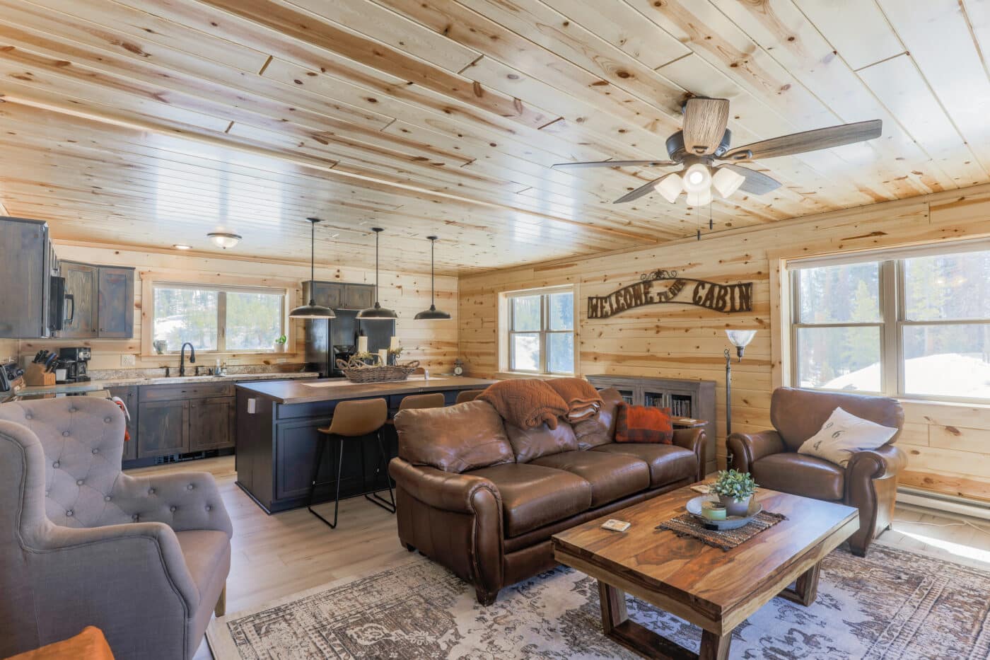 the interior of a log cabin style for sale in Wyoming